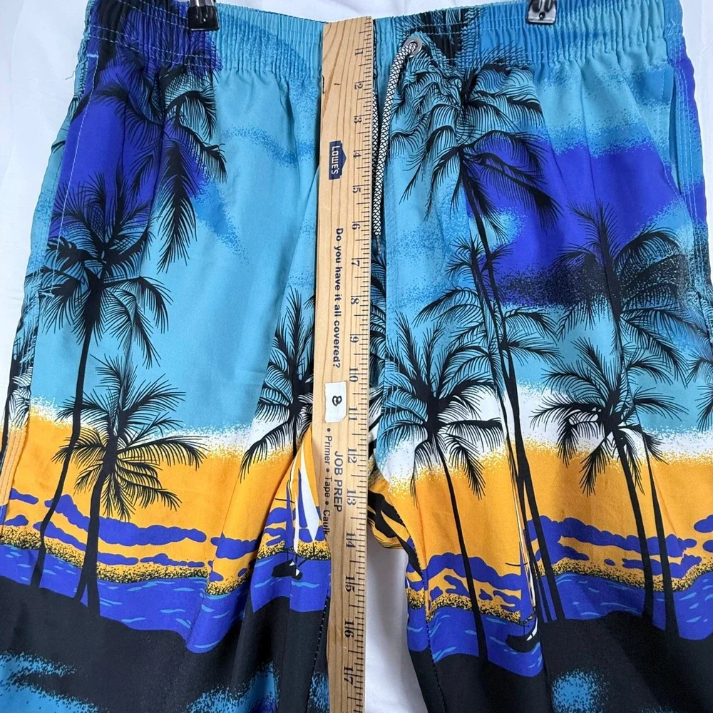 Swim Trunks Mens Large Tropical Sunset Palm Tree Beach Summer Retro